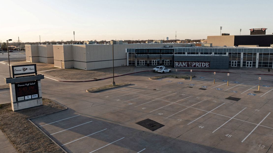 Owasso High School is seen on the day of a vigil in memory of non-binary teenage student Nex Benedict.