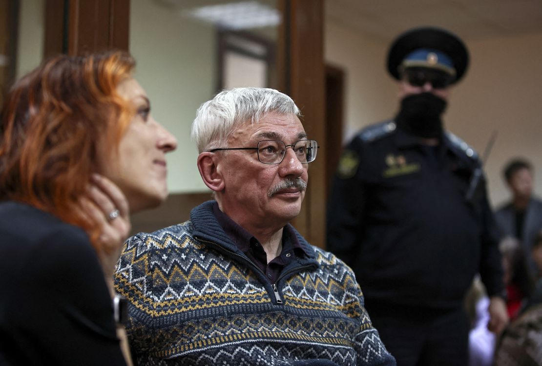 Russian rights campaigner Oleg Orlov during a court hearing in Moscow on February 27, 2024.