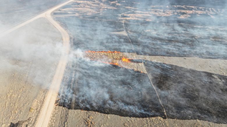 A drone view of the grasslands burning from the Smokehouse Creek Fire in Roberts County, Texas, U.S., February 28, 2024.
