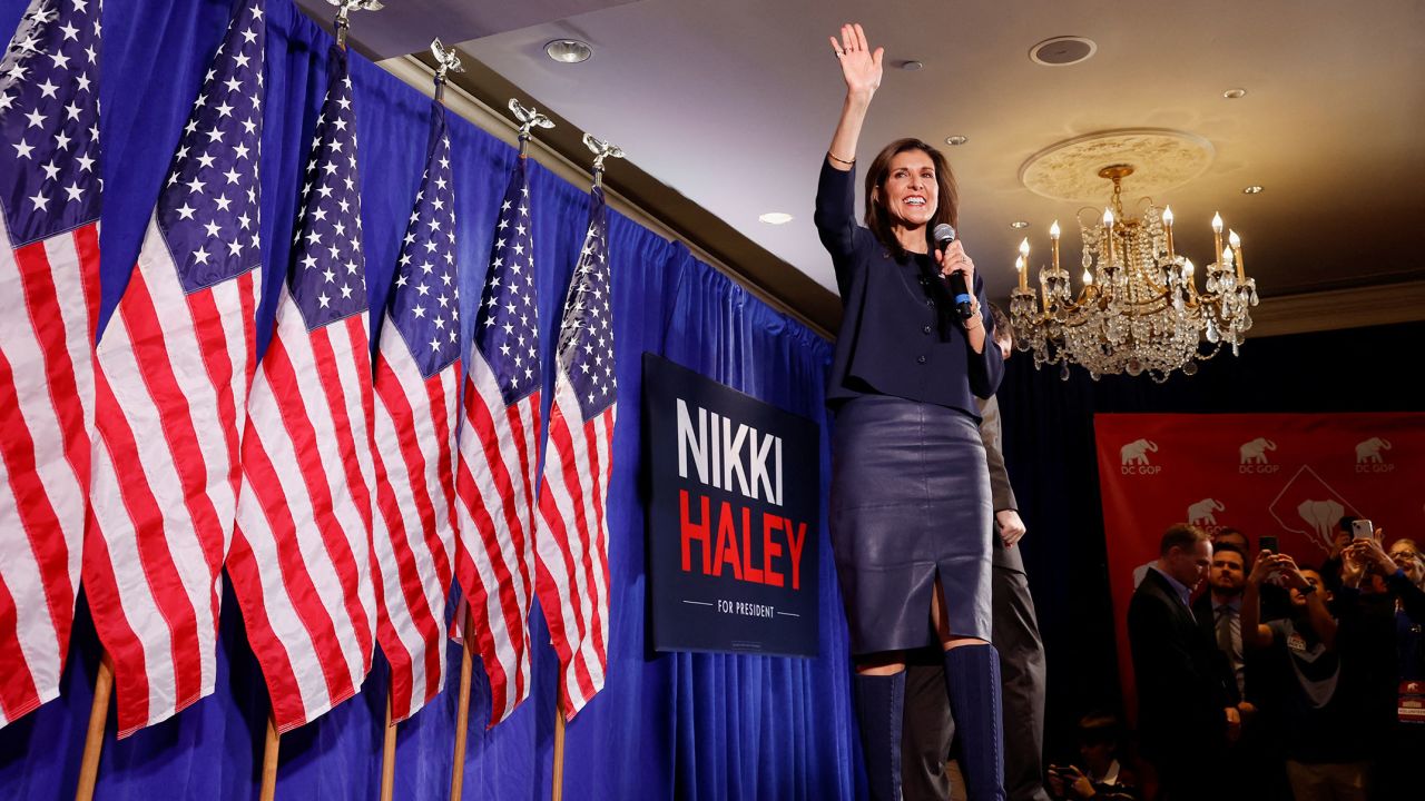 Nikki Haley gestures at an event for the DC Republican Party in Washington, DC, on March 1.