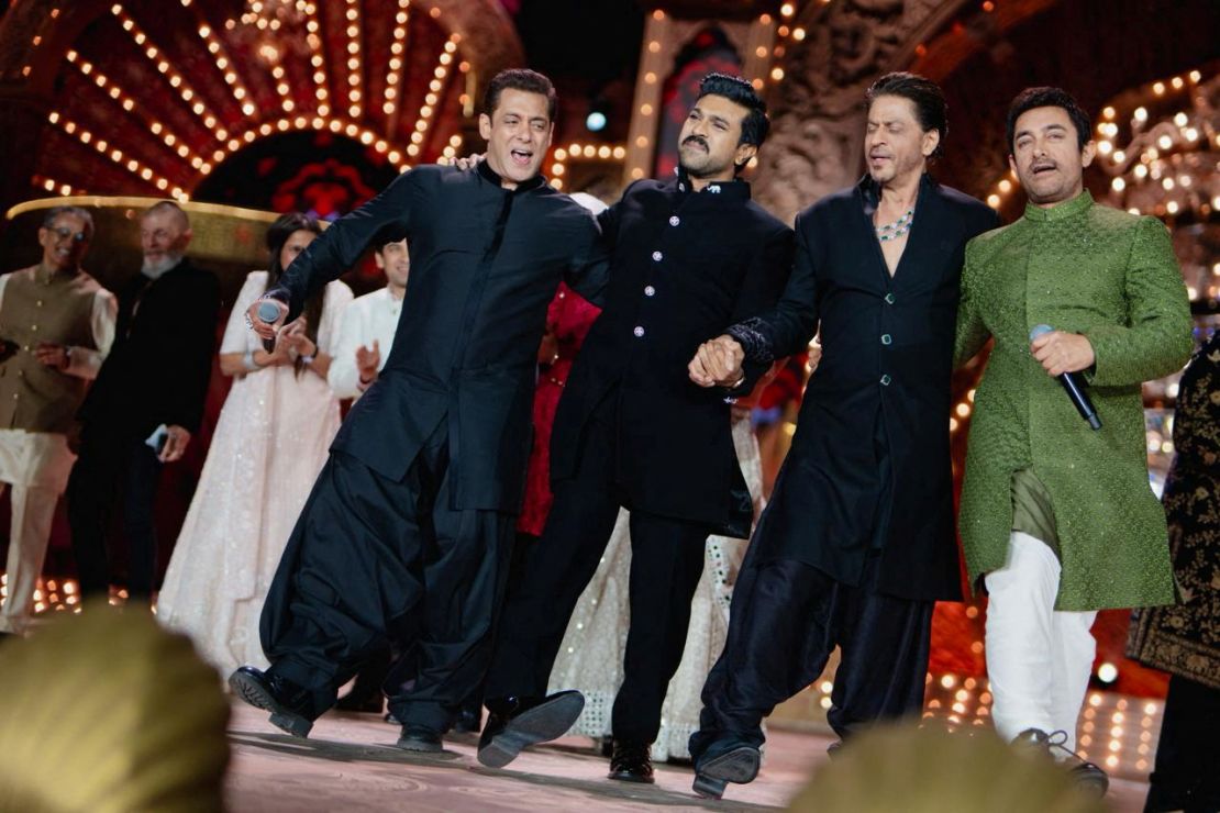 Actors Salman Khan, Ram Charan, Shah Rukh Khan and Aamir Khan perform during the pre-wedding celebrations.