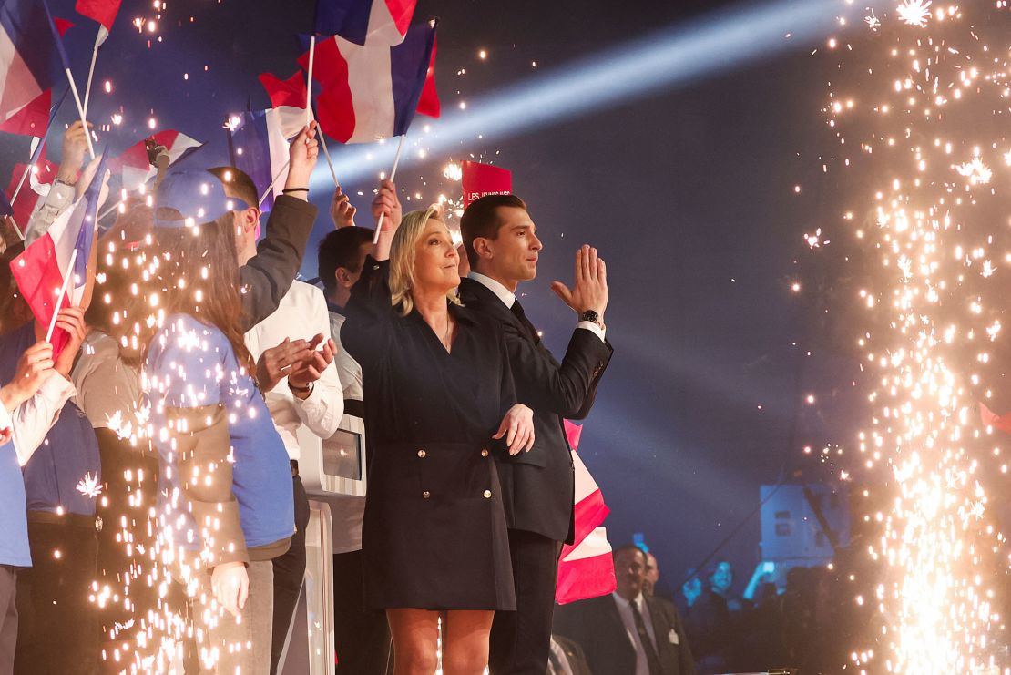 Leaders of the French far-right National Rally, Marine Le Pen and Jordan Bardella, attend a rally ahead of the European Parliament elections where the party had huge success earlier this month.