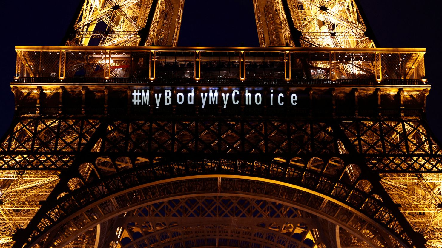 The Eiffel Tower lights up with the message "My body My choice" after French lawmakers enshrined the right to abortion in the constitution on March 4.