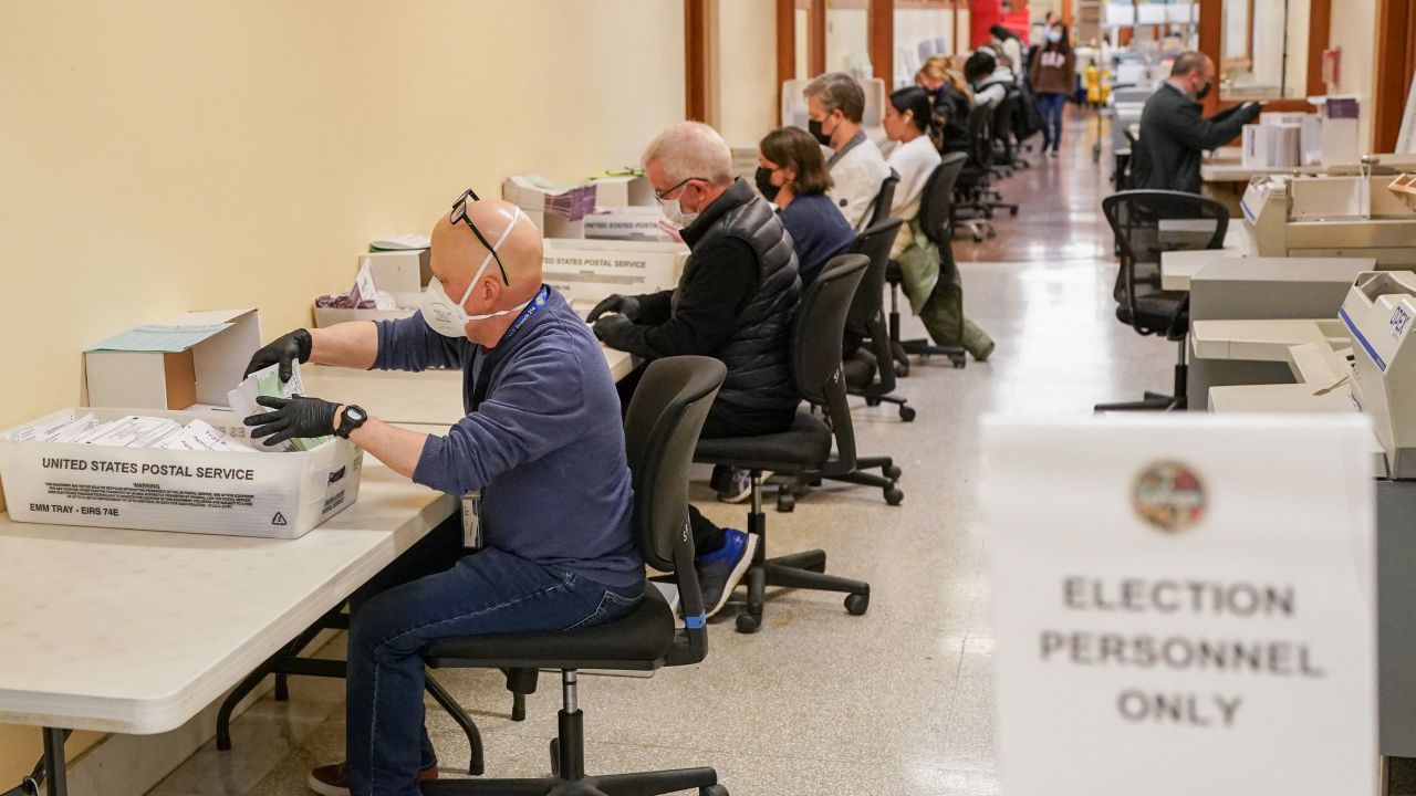 Election personnel process ballots during early voting, a day ahead of the Super Tuesday primary election, at the San Francisco City Hall voting center in San Francisco, California, U.S. March 4, 2024. REUTERS/Loren Elliott