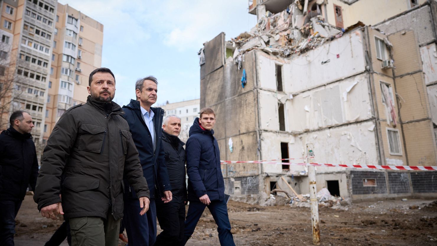 Zelensky said the missile struck close to where he had been meeting with Mitsotakis, third from right.