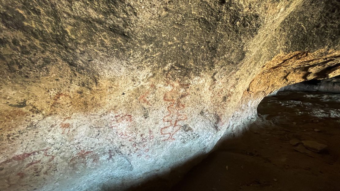 A view of the 8,200-year-old cave art found at the Huenul 1 cave.