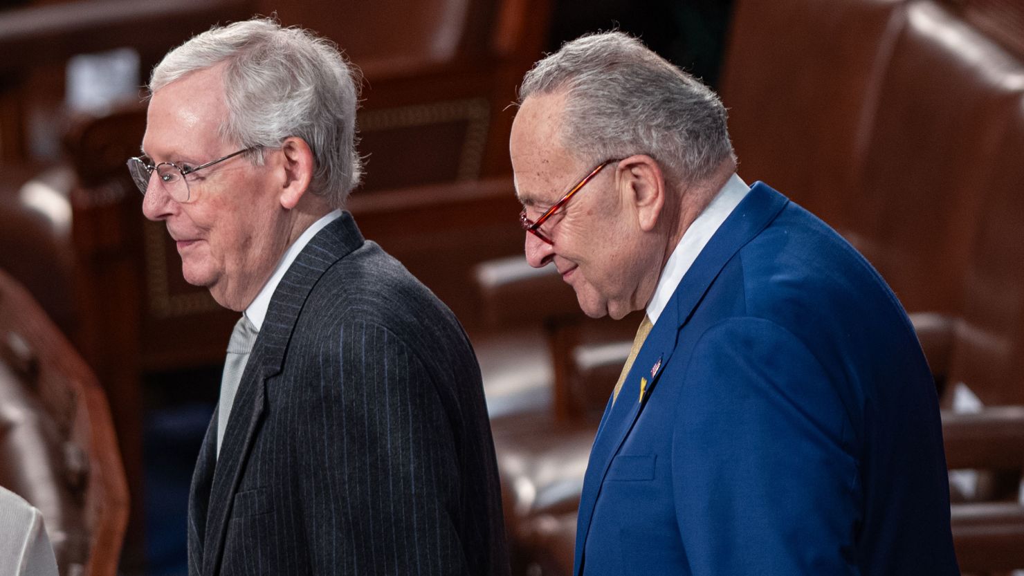 Senate Minority Leader Mitch McConnell and Senate Majority Leader Chuck Schumer enter the chamber at a joint session of the US Congress before United States President Joe Biden delivers his State of the Union address in Washington, DC on Thursday, March 7.