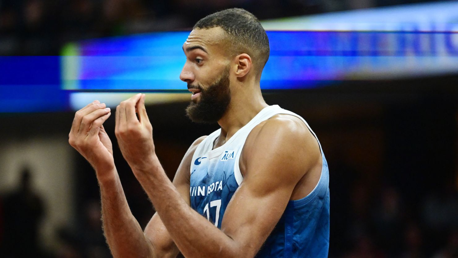 Minnesota Timberwolves center Rudy Gobert reacts after fouling out against the Cleveland Cavaliers.