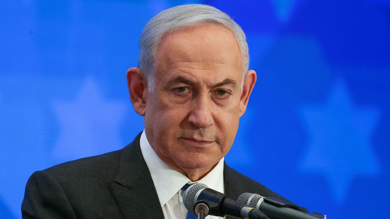 Israeli Prime Minister Benjamin Netanyahu addresses the Conference of Presidents of Major American Jewish Organizations, amid the ongoing conflict between Israel and the Palestinian Islamist group Hamas, in Jerusalem, on February 18.