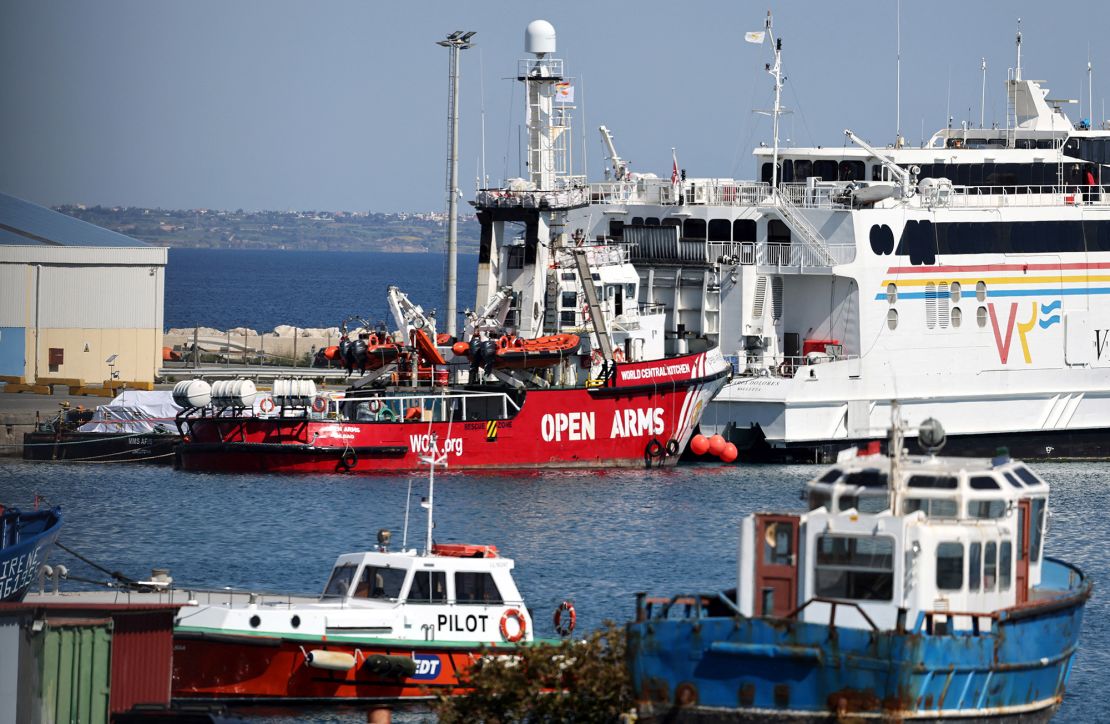 Humanitarian aid for Gaza is loaded on a platform next to a rescue vessel of the Spanish NGO Open Arms at the port of Larnaca, Cyprus on March 11.