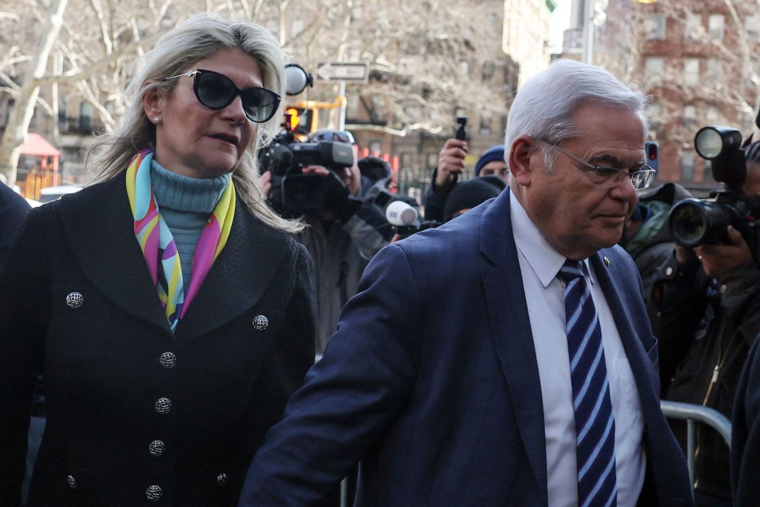 Sen. Bob Menendez and his wife, Nadine, arrive for their arraignment on a new 18-count indictment that added obstruction charges to bribery and other corruption charges that the New Jersey Democrat already faced, at Manhattan federal court in New York City on March 11.