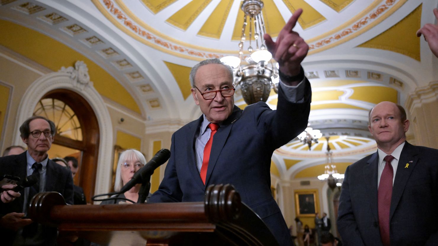 Senate Majority Leader Chuck Schumer speaks during a press conference on Capitol Hill on March 12.