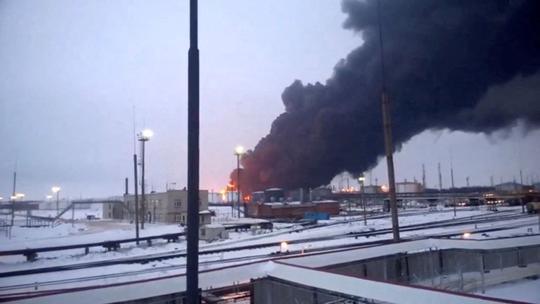 Smoke billows after a Ukrainian drone strikes a refinery in Ryazan, Ryazan region, Russia, in this screen grab from a video obtained by Reuters, March 13, 2024.