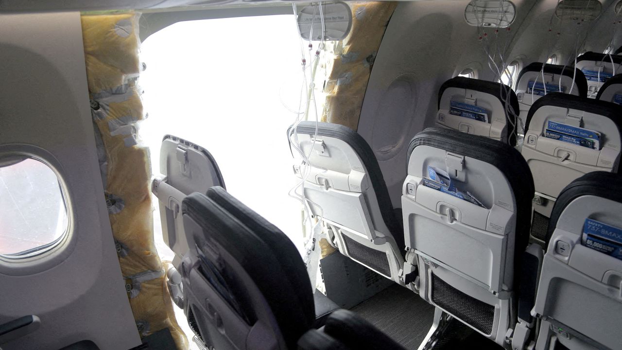 FILE PHOTO: The fuselage plug area of Alaska Airlines Flight 1282 Boeing 737-9 MAX, which was forced to make an emergency landing with a gap in the fuselage, is seen during its investigation by the National Transportation Safety Board (NTSB) in Portland, Oregon, U.S. January 7, 2024. NTSB/Handout via REUTERS. THIS IMAGE HAS BEEN SUPPLIED BY A THIRD PARTY/File Photo