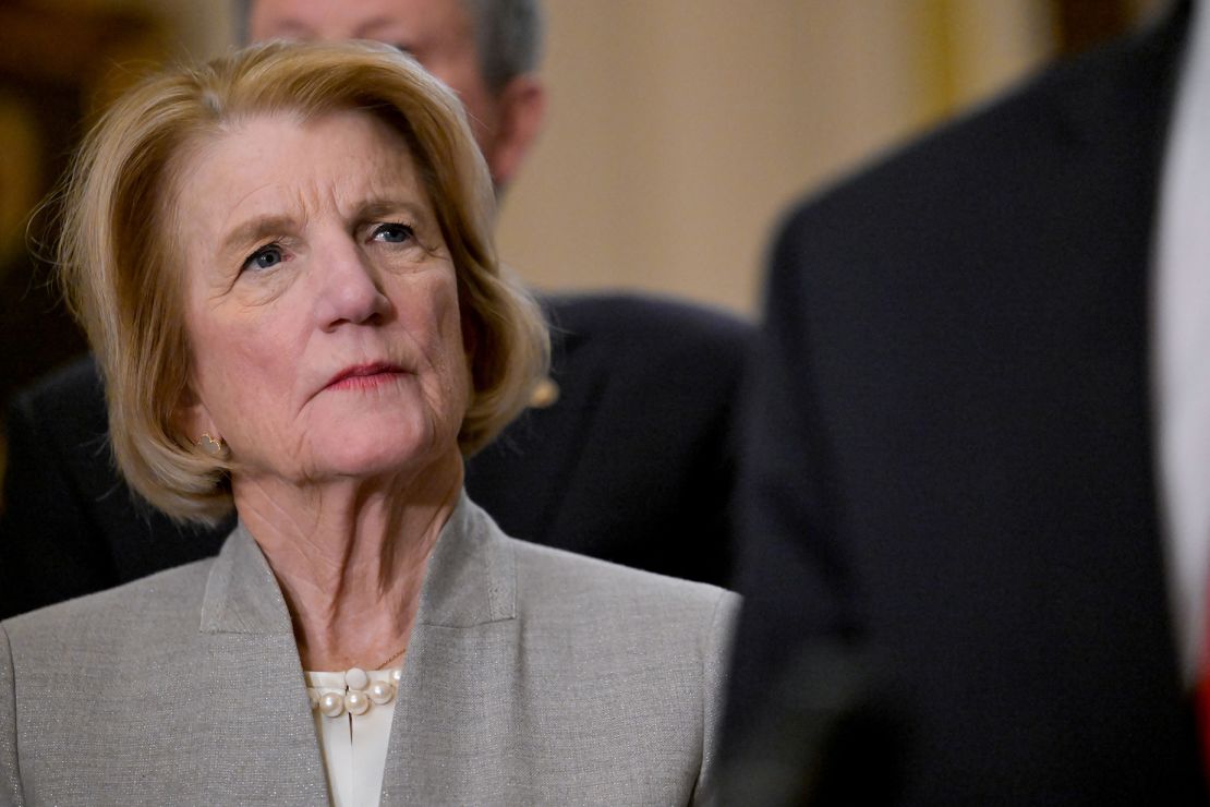 US Senator Shelley Moore Capito (R-WV) looks on during a news conference following the weekly Senate caucus luncheons on Capitol Hill in Washington on March 12, 2024.