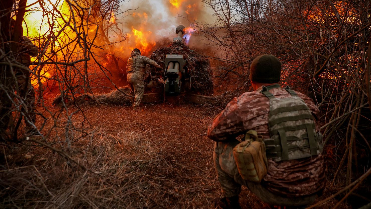 Ukrainian soldiers fire a D-30 howitzer toward Russian troops in the Kherson region of Ukraine on March 12, 2024.