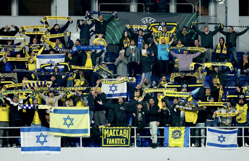 Maccabi Tel Aviv fans inside the stadium before a match in the 2023-24 Conference League.