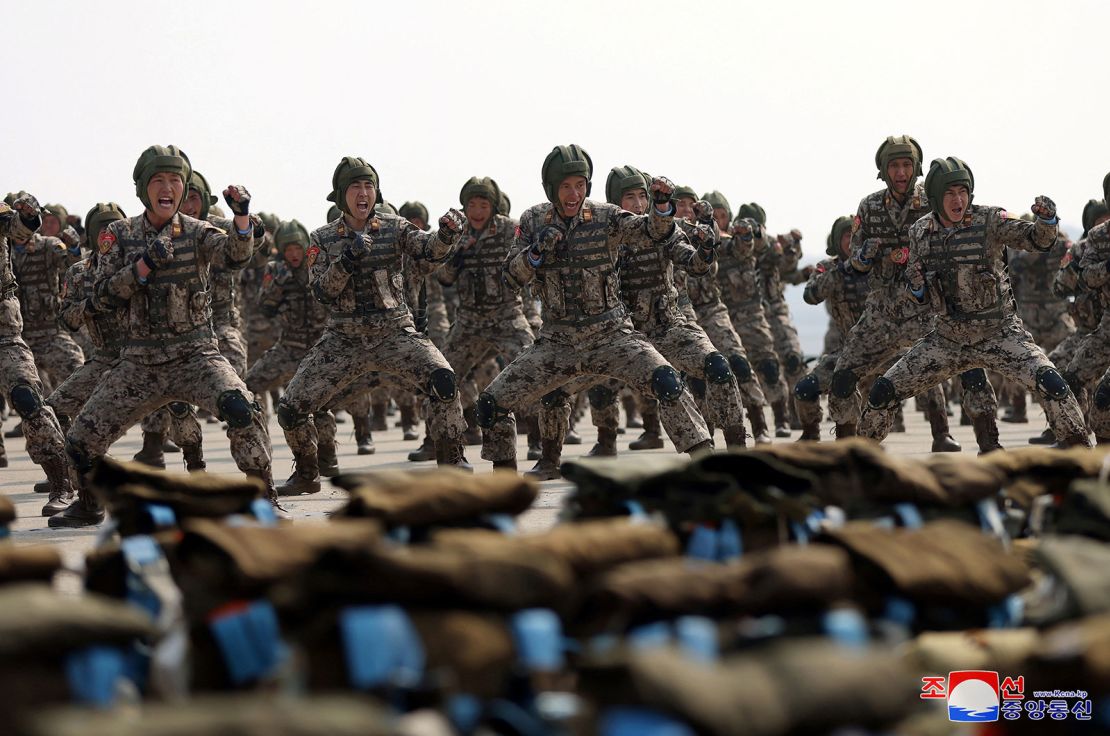 Soldiers participate in a demonstration during the training of the Korean People's Army's air and amphibious combat units, in this picture released on March 16, 2024, by the Korean Central News Agency.