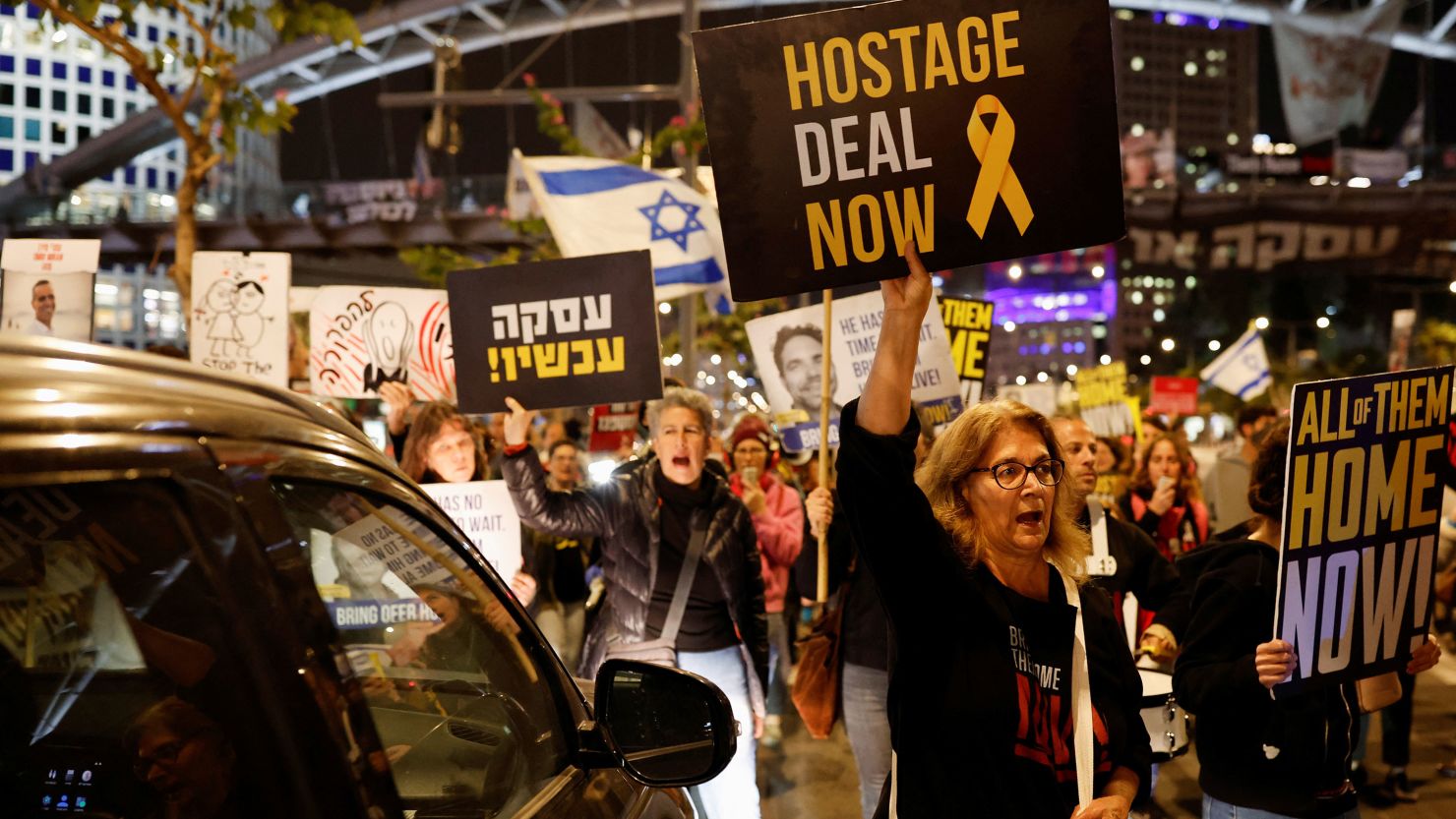 Demonstrators call for the release of Israeli hostages being held by Hamas during a protest in Tel Aviv on March 17, 2024.