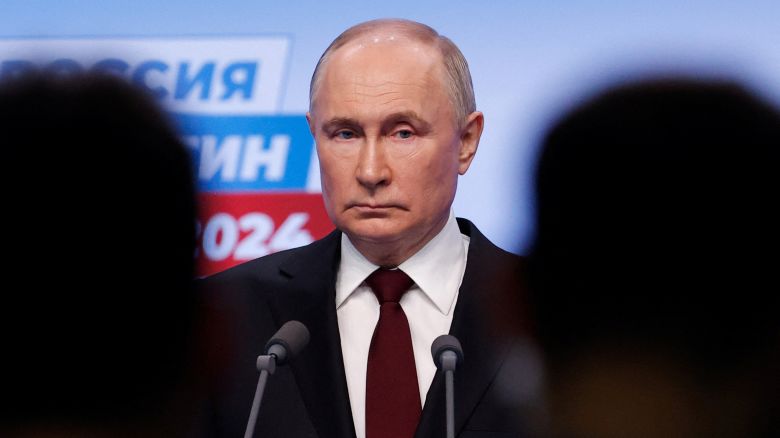 Russian President Vladimir Putin speaks after polls closed in Moscow on March 18, 2024.