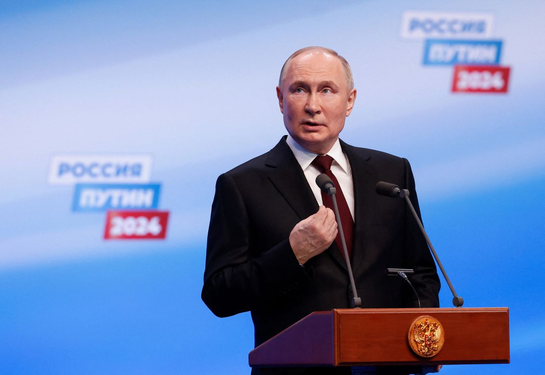 Russian President Vladimir Putin speaks after polling stations closed in Moscow, in the March 2024 election.