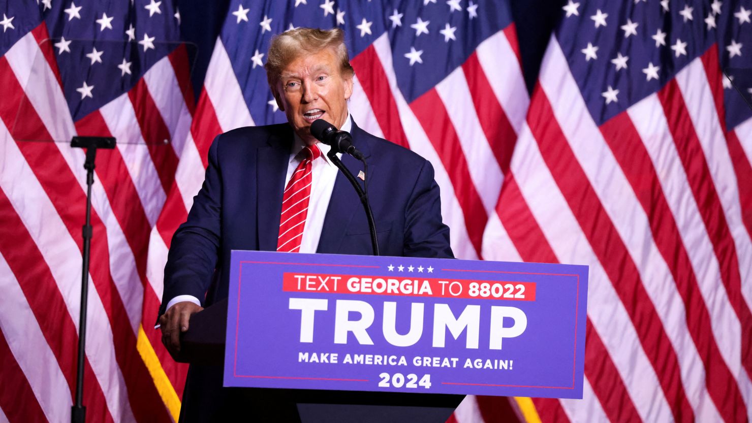Republican presidential candidate and former US President Donald Trump speaks during a campaign rally at the Forum River Center in Rome, Georgia, on March 9, 2024.