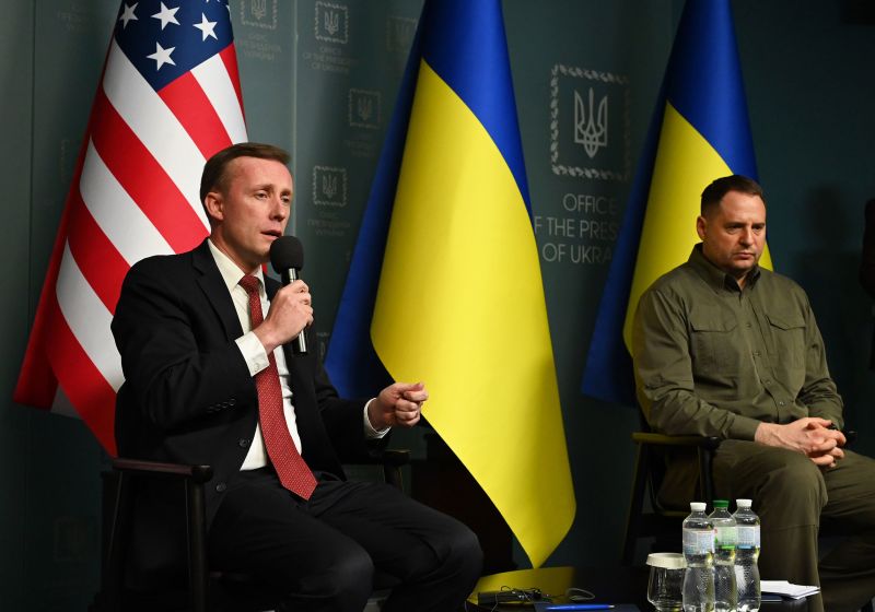 US National Security Advisor Jake Sullivan and Head of the Office of the President of Ukraine Andriy Yermak participate in a news briefing in Kyiv, Ukraine, on March 20.