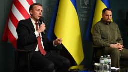 US National Security Advisor Jake Sullivan and Head of the Office of the President of Ukraine Andriy Yermak participate in a news briefing in Kyiv, Ukraine, on March 20.