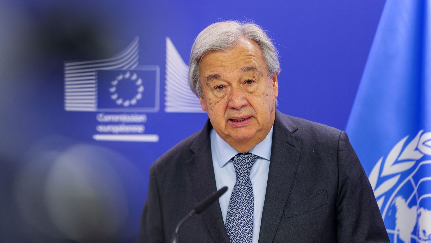 Antonio Guterres, Secretary-General of the United Nations, speaks to the press in Brussels on March 20, 2024.