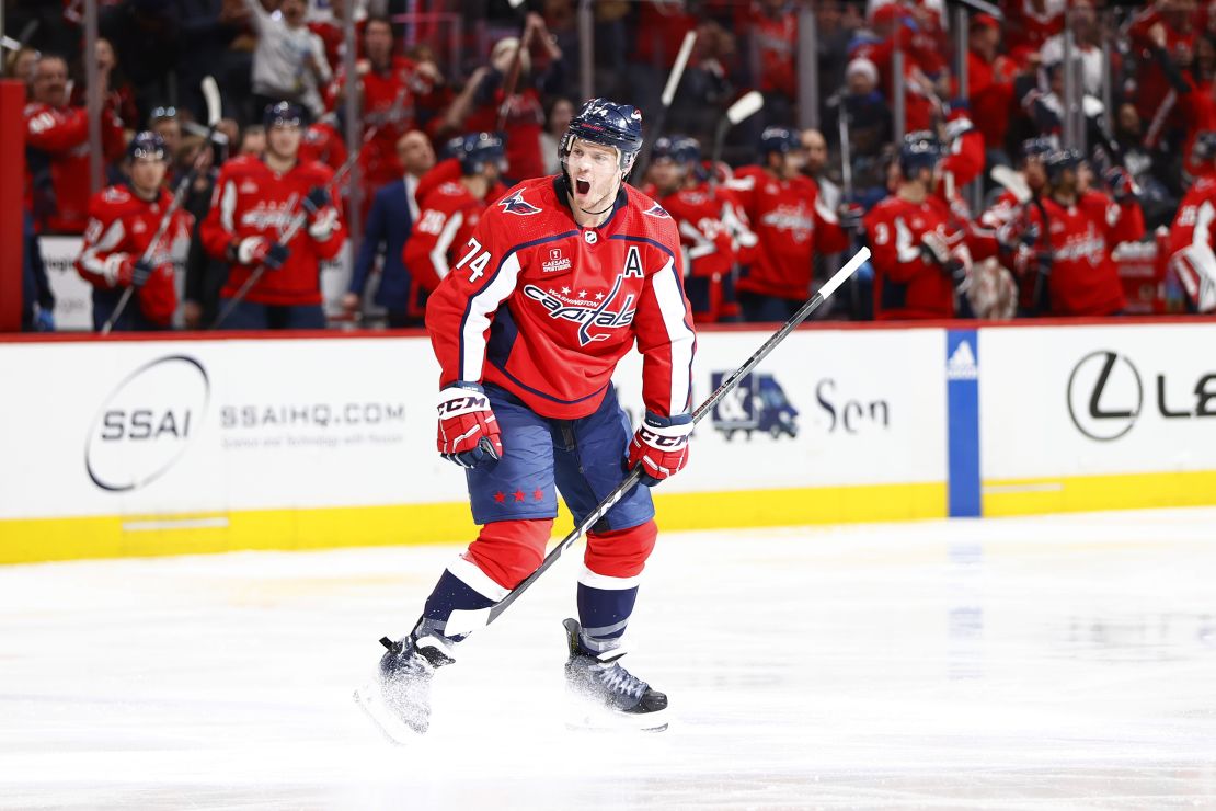 Washington Capitals defenseman John Carlson celebrates after scoring a goal against the Winnipeg Jets during the third period at Capital One Arena in Washington, DC on March 24.