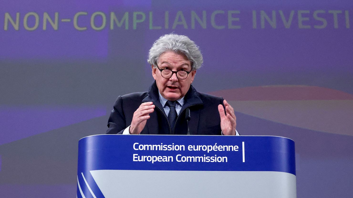 European Commissioner for Internal Market Thierry Breton holds a press conference in Brussels on March 25, 2024.