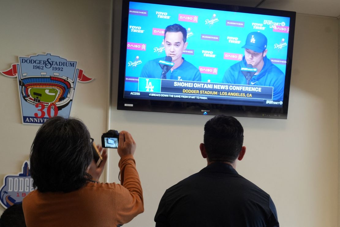 Mar 25, 2024; Los Angeles, California, USA; A press conference with Los Angeles Dodgers designated hitter Shohei Ohtani and interpreter Will Ireton is broadcast in the Vin Scully press box at Dodger Stadium. Mandatory Credit: Kirby Lee-USA TODAY Sports