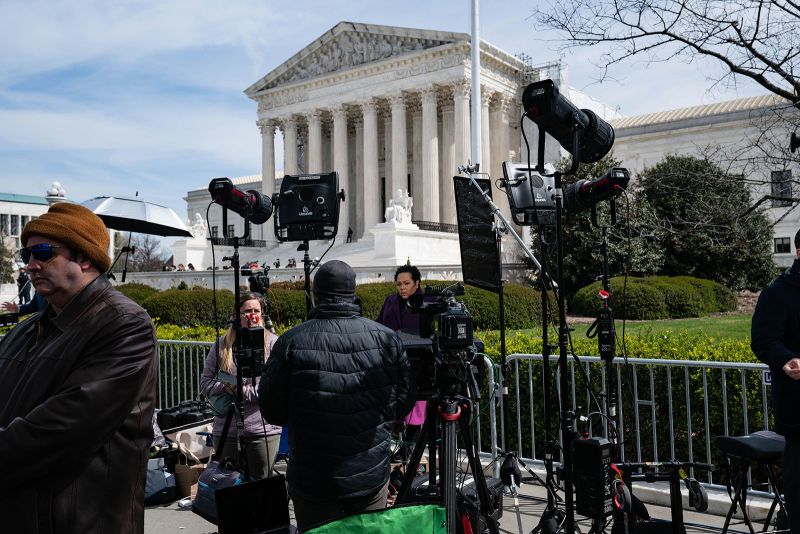 The US Supreme Court is hearing a case on abortion pills outside the Supreme Court in Washington, D.C., on March 26. Here are some photos of media row. (Photo by Andrew Thomas/NurPhoto)
