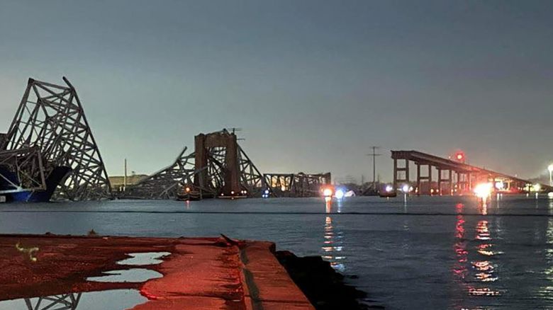 A view of the Francis Scott Key Bridge after it collapsed, in Baltimore, Maryland, U.S., in this picture released on March 26, 2024. Harford County MD Fire & EMS/Handout via REUTERS THIS IMAGE HAS BEEN SUPPLIED BY A THIRD PARTY NO RESALES. NO ARCHIVES MANDATORY CREDIT