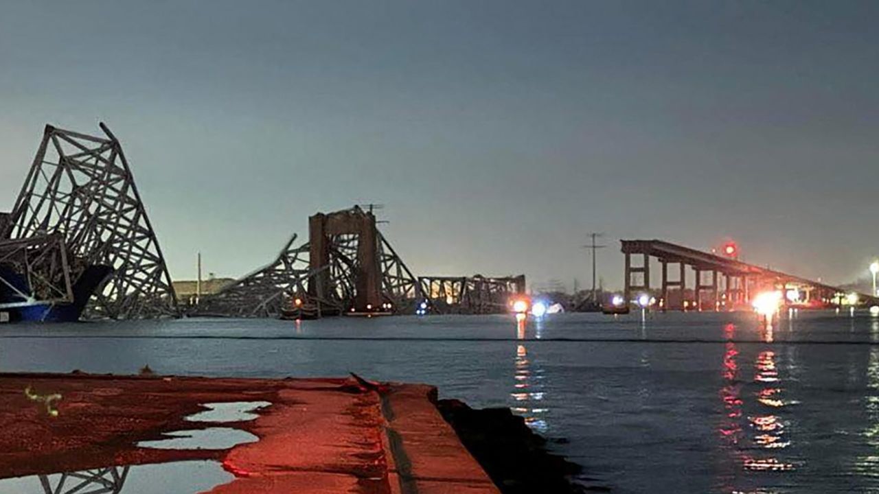 A view of the Francis Scott Key Bridge after it collapsed, in Baltimore, Maryland, U.S., in this picture released on March 26, 2024. Harford County MD Fire & EMS/Handout via REUTERS  THIS IMAGE HAS BEEN SUPPLIED BY A THIRD PARTY NO RESALES. NO ARCHIVES MANDATORY CREDIT