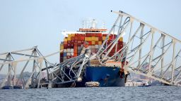 A view of the Dali cargo vessel that crashed into the Francis Scott Key Bridge causing it to collapse in Baltimore, Maryland, on March 26, 2024.