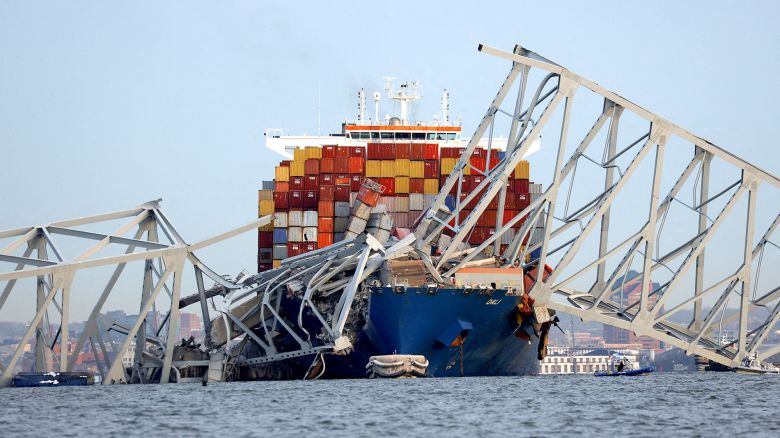 A view of the Dali cargo vessel which crashed into the Francis Scott Key Bridge causing it to collapse in Baltimore, Maryland, U.S., March 26, 2024.  REUTERS/Julia Nikhinson     TPX IMAGES OF THE DAY     