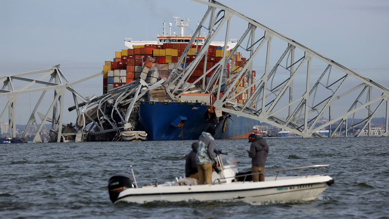A view of the Dali cargo vessel which crashed into the Francis Scott Key Bridge causing it to collapse in Baltimore, Maryland, U.S., March 26, 2024.