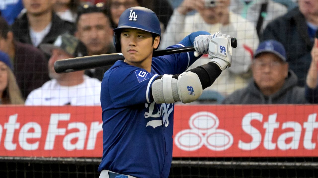 Mar 26, 2024; Anaheim, California, USA; Los Angeles Dodgers designated hitter Shohei Ohtani (17) waits on deck in the third inning against the Los Angeles Angels at Angel Stadium. Mandatory Credit: Jayne Kamin-Oncea-USA TODAY Sports