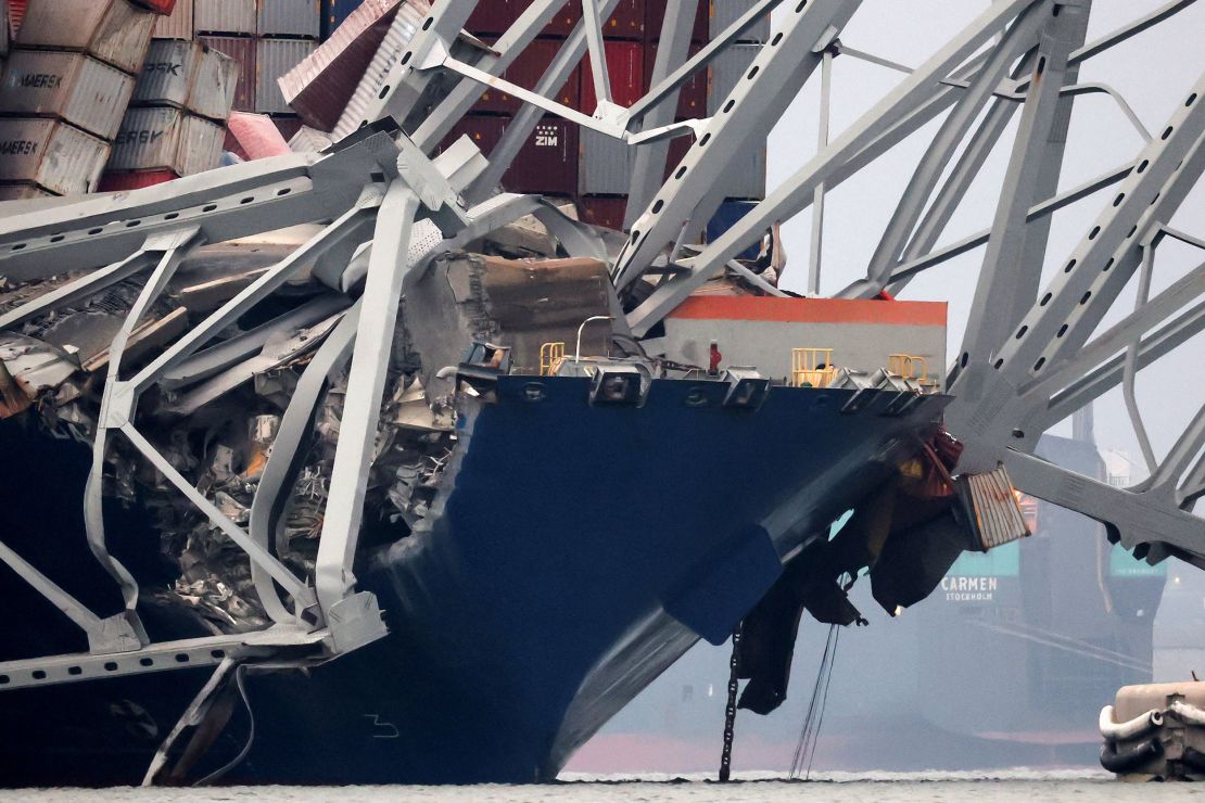 The Dali cargo ship is seen a day after crashing into the Francis Scott Key Bridge in Baltimore on Tuesday.