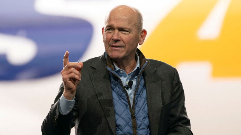 FILE PHOTO: Dave Calhoun, CEO of Boeing, speaks on stage during the delivery of the final 747 jet at their plant in Everett, Washington, U.S. January 31, 2023.  REUTERS/David Ryder/File Photo
