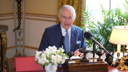 Britain's King Charles III records his audio message for the Royal Maundy Service in the 18th Century Room at Buckingham Palace in this undated handout photo released by the Royal Household on March 27.