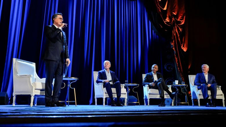 U.S. President Joe Biden, former U.S. Presidents Barack Obama and Bill Clinton participate in a discussion moderated by Stephen Colbert, host of CBS's "The Late Show with Stephen Colbert", during a campaign fundraising event at Radio City Music Hall in New York, U.S., March 28, 2024.