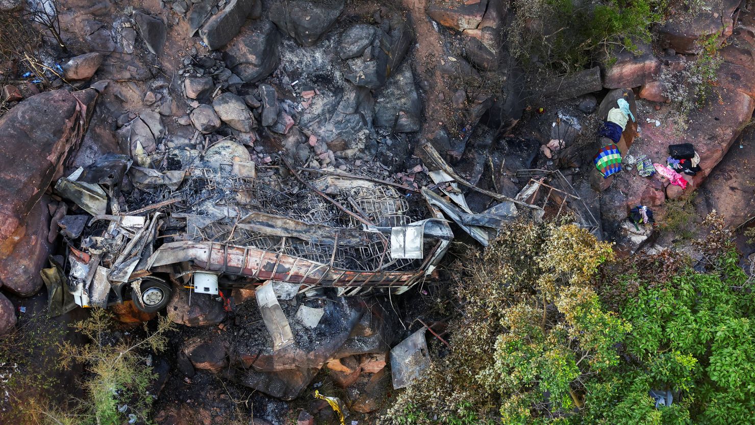 A view of the burnt remains of the bus that was taking Easter pilgrims from Botswana to Moria, following the crash near Mamatlakala in the northern province of Limpopo, South Africa.