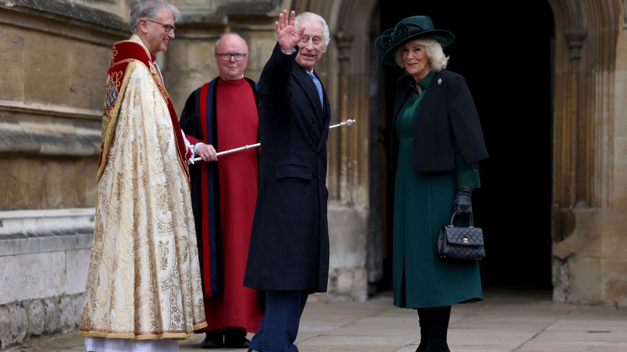 The King and Queen arrive for the Easter Mattins Service at St. George's Chapel at Windsor Castle on Sunday.