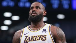 Mar 31, 2024; Brooklyn, New York, USA; Los Angeles Lakers forward LeBron James (23) prepares for a free throw during the second half against the Brooklyn Nets at Barclays Center. Mandatory Credit: Vincent Carchietta-USA TODAY Sports