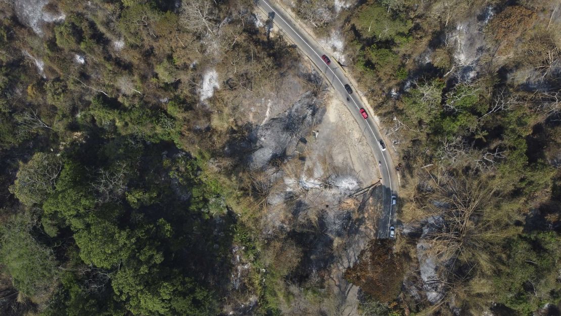 An aerial view shows a burned forest after a forest fire in Henri Pittier National Park on March 30.