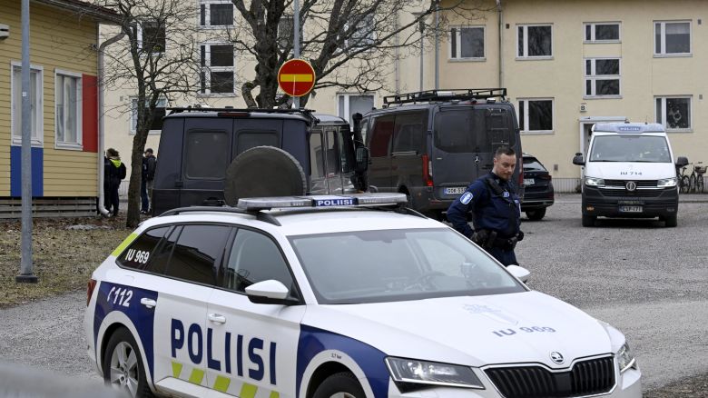 Police officers and police vehicles operate at the Viertola comprehensive school in Vantaa, Finland, on April 2, 2024. Three minors were injured in a shooting at the school on Tuesday morning. A suspect, also a minor, has been apprehended.   Lehtikuva/MARKKU ULANDER  via REUTERS      ATTENTION EDITORS - THIS IMAGE WAS PROVIDED BY A THIRD PARTY. NO THIRD PARTY SALES. NOT FOR USE BY REUTERS THIRD PARTY DISTRIBUTORS. FINLAND OUT. NO COMMERCIAL OR EDITORIAL SALES IN FINLAND.