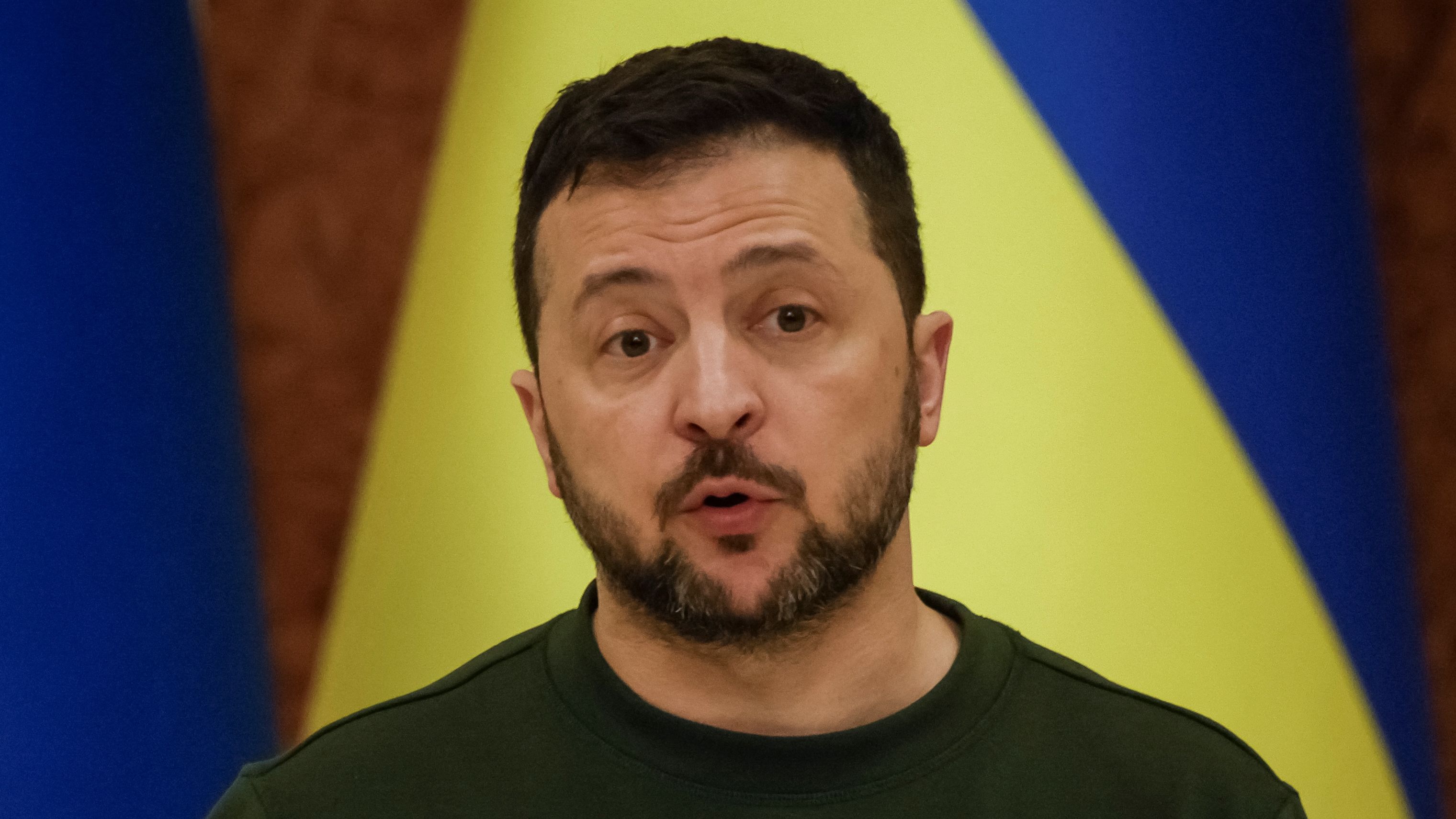 Ukraine's President Volodymyr Zelensky speaks at a press conference in Kyiv, Ukraine, in April.