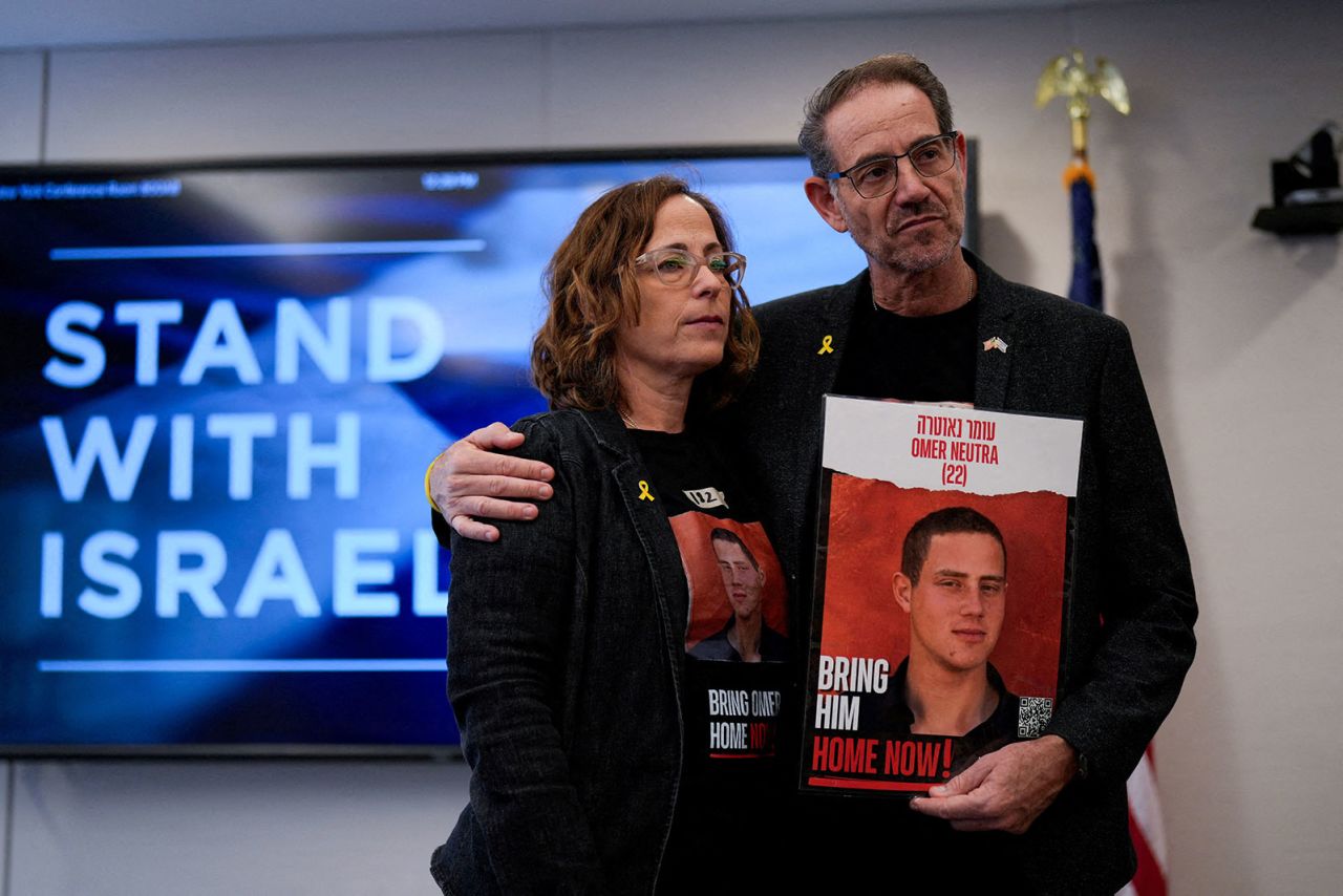 Ronen and Orna Neutra, parents of American hostage Omer Neutra, appear during a press conference in New York on April 5.